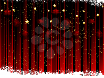 Royalty Free Clipart Image of a Sparkling Striped Red Background With Baubles and Stars