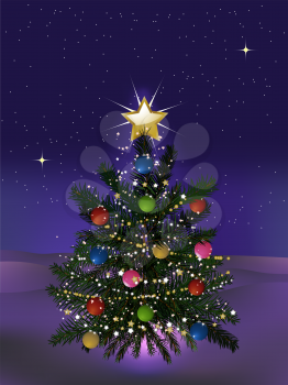 Royalty Free Clipart Image of a Snowy Christmas Scene With a Decorated Tree