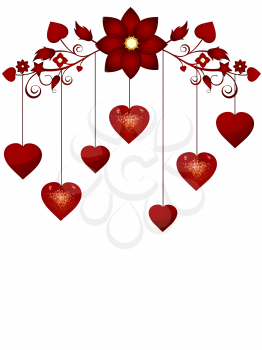 Royalty Free Clipart Image of a Red Valentine Hearts Dangling From a Flora Border