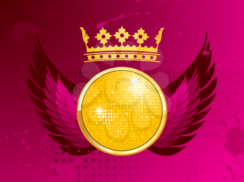 Royalty Free Clipart Image of a Disco Ball With a Crown and Wings