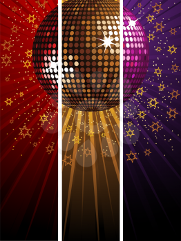 Royalty Free Clipart Image of a Sparkling Disco Ball Divided into Different Colors