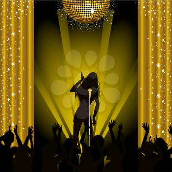 Royalty Free Clipart Image of a Singer Performing in Front of a Crowd