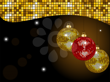 Royalty Free Clipart Image of Christmas Disco Baubles Hanging From a Gold Mosaic Border
