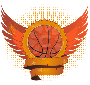 Royalty Free Clipart Image of a Basketball on a Grunge Shield With a Banner and Wings