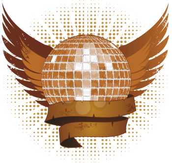 Royalty Free Clipart Image of a Winged Disco Ball With a Banner