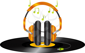 Royalty Free Clipart Image of Orange Headphones and Jack on a Vinyl Disc