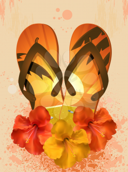 Royalty Free Clipart Image of Flip flops With Hibiscus Flowers on a Grunge Background