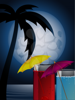 Royalty Free Clipart Image of a Tropical Full Moon Viewed From Behind Cocktails