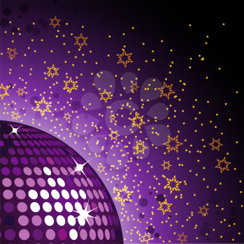 Royalty Free Clipart Image of a Sparkling Disco Ball on a Background With Stars