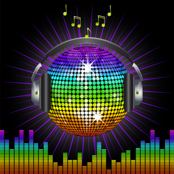 Royalty Free Clipart Image of a Disco Ball With Headphones