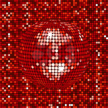 Royalty Free Clipart Image of an Abstract Red Disco Ball on a Red Mosaic Background