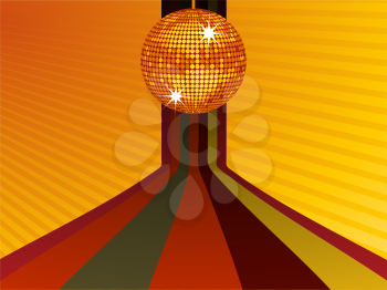 Royalty Free Clipart Image of a Sparkling Disco Ball on a Retro Striped Background