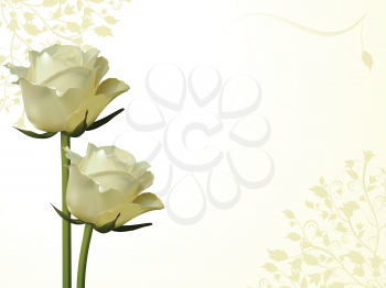 Royalty Free Clipart Image of Ivory Roses and Flourishes on a Cream Background