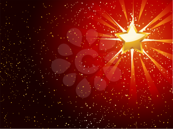 Royalty Free Clipart Image of a Sparkling Golden Star on a Red Background