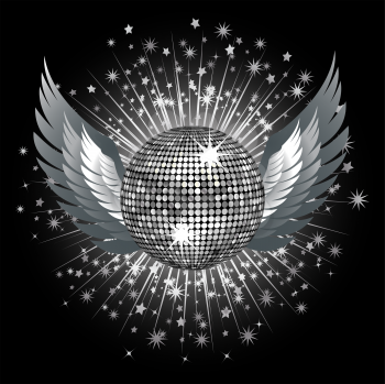 Royalty Free Clipart Image of a Sparkling Silver Disco Ball With Wings