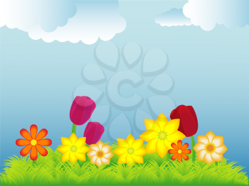 Royalty Free Clipart Image of a Spring Landscape With Flowers