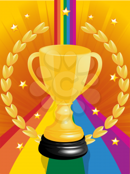 Royalty Free Clipart Image of a Gold Trophy on an Abstract Background