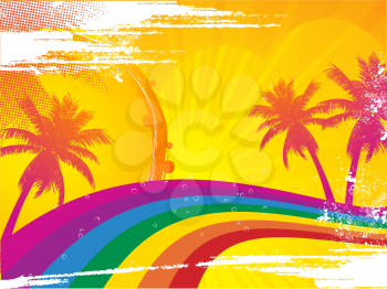 Royalty Free Clipart Image of an Abstract Tropical Scene With a Rainbow Wave