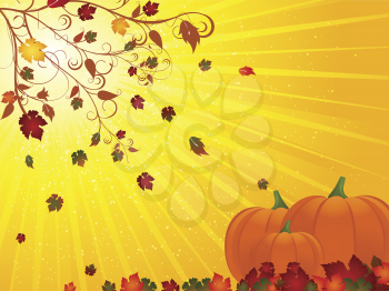 Pumpkins on an orange starburst background with autum leaves falling to the ground