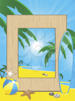 Tropical beach picture frame with surfboard and beach ball on a tropical background