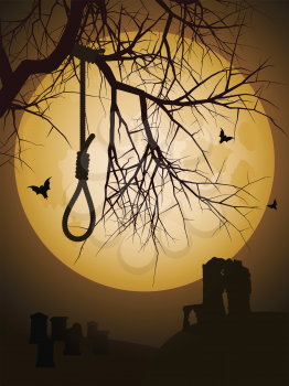 Hangmans noose hanging from a bare tree against a full moon with abbey and grave yard in background