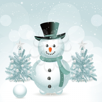 snowman wearing a top hat on a Christmas background with Christmas trees