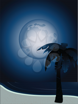 Tropical beach with full moon and palm tree