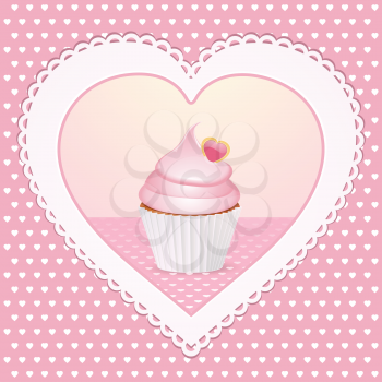 cupcake with pink icing inside a decorative heart on a pink background