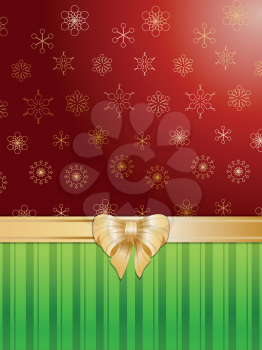 Christmas snowflake background with gold ribbon and bow