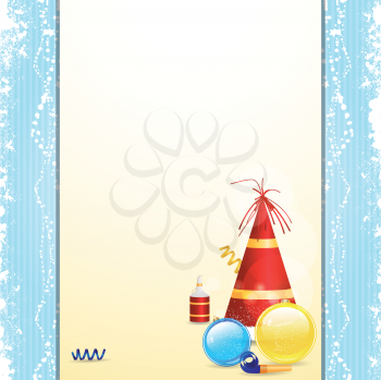 Christmas background with party hat, baubles and streamers