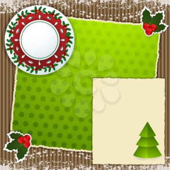 Christmas scrap book background with holly labels, and Christmas tree