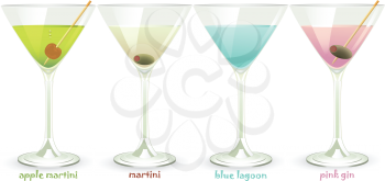 cocktail vector set with martini, pink gin, blue lagoon and apple martini