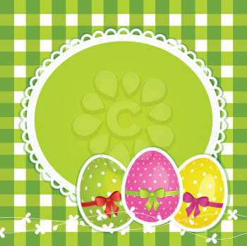 Easter egg background with ribbons and bows on a decorative border against green gingham