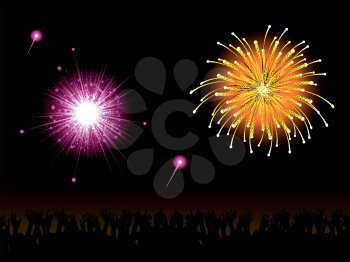 Bright fireworks and crowd on a black background