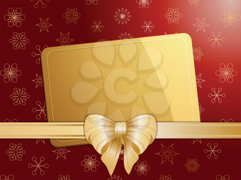 Christmas gift card with bow and ribbon on a red and gold snowflake background