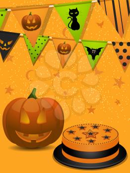 Halloween party background with pumpkin, cake and balloons