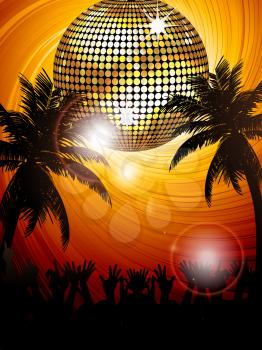 Sunset tropical party scene with sparkling disco ball, palm trees and crowd partying