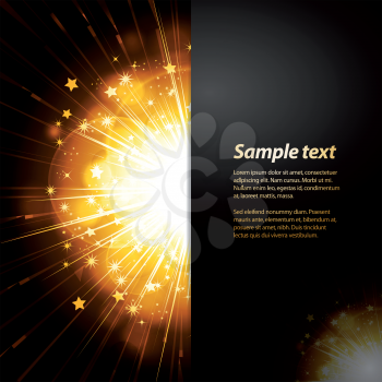 Black Panel with Gold Sample Text over an orange Firework Star Burst Background