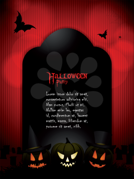 Halloween Background with Tomb stone, Pumpkins and sample text on a red background