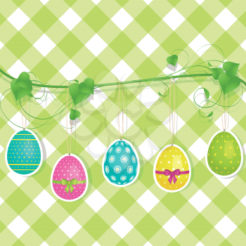 Easter background with Easter eggs hanging from a vine on green gingham