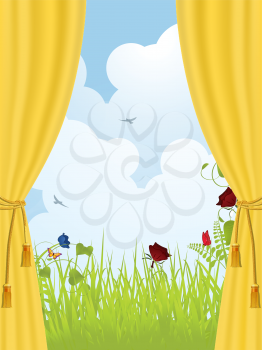 Spring background with yellow curtains opening to reaveal a landscape of flowers and fluffy clouds