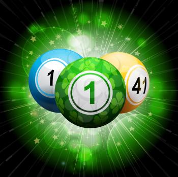 Bingo balls with green lucky clover ball on an exploding green background