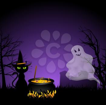 Halloween background with witch's cat, cauldron and pumpkin