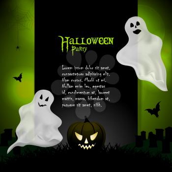 Ghost and pumpkin vector background with sample text on a glowing green background