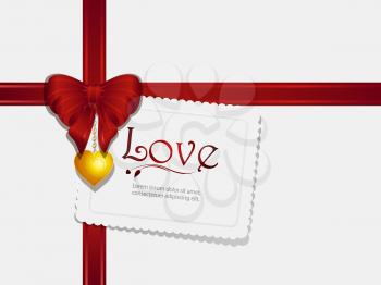 Valentine Gift Card Background with Red Ribbon, Bow, Pendant and Sample Text