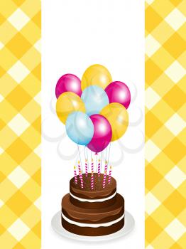 Chocolate birthday cake with candles and balloons on a yellow gingham background