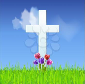 Easter Cross with Tulips and Grass on a Blue Sky