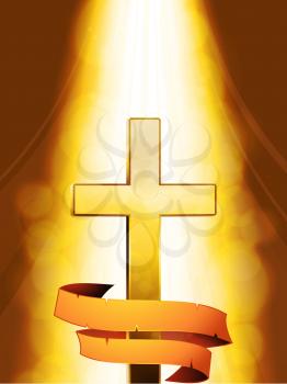 Golden Cross with Aged Banner on the Bottom under Glowing Bright Light