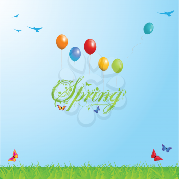 Spring Background with Text Balloons Butterfly and Birds