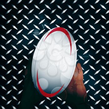 Rugby Ball and Hands Over Black Metallic Diamond Plate Background